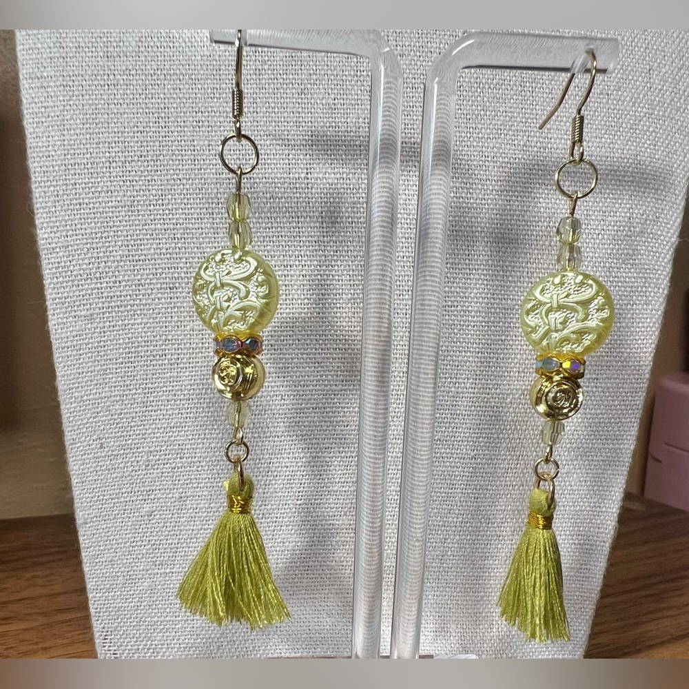 Chartreuse Green Artisan Tassel Earrings - Picture 2 of 4